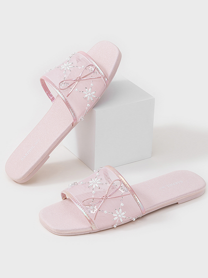 Embroidered Satin Bow House Slippers