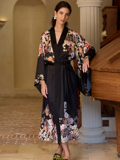 Black Floral Cluster Kimono Robe