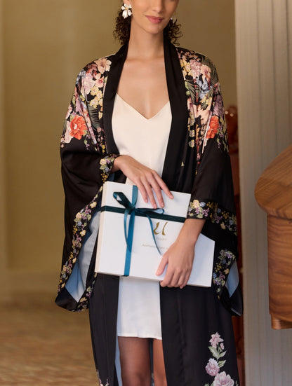 Black Floral Cluster Kimono Robe