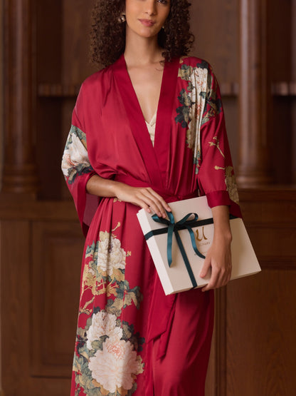 Crimson Floral Bloom Kimono Robe
