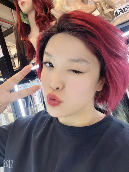 JB EXTENSION 6 Inches Pixie Cut Front-lace Real Human Hair in Wine Red Color with Dark Roots Scarlett