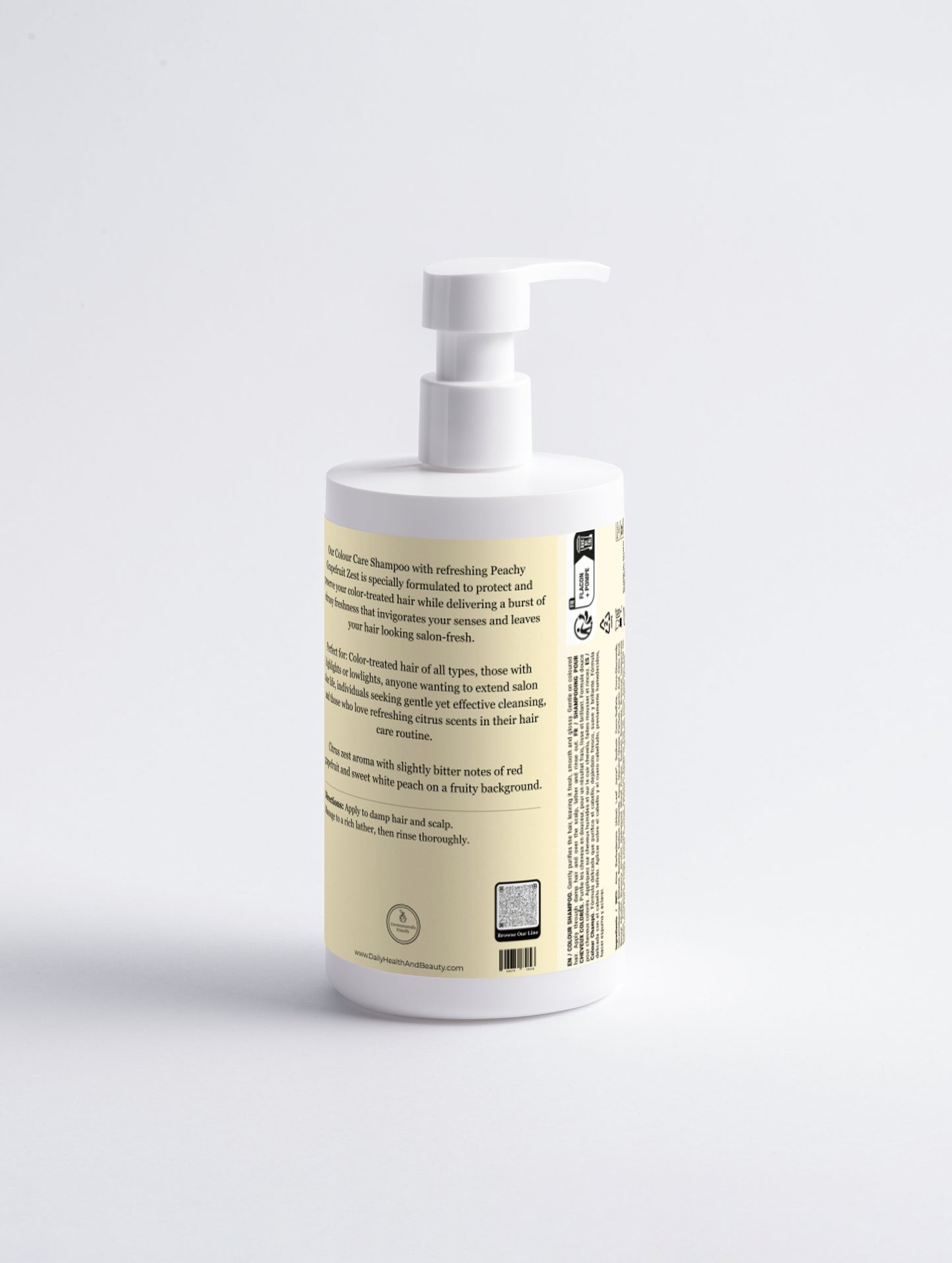 Colour Care Shampoo Peachy Grapefruit Zest ingredients label — organic aloe, hydrolyzed wheat protein, no harsh sulfates