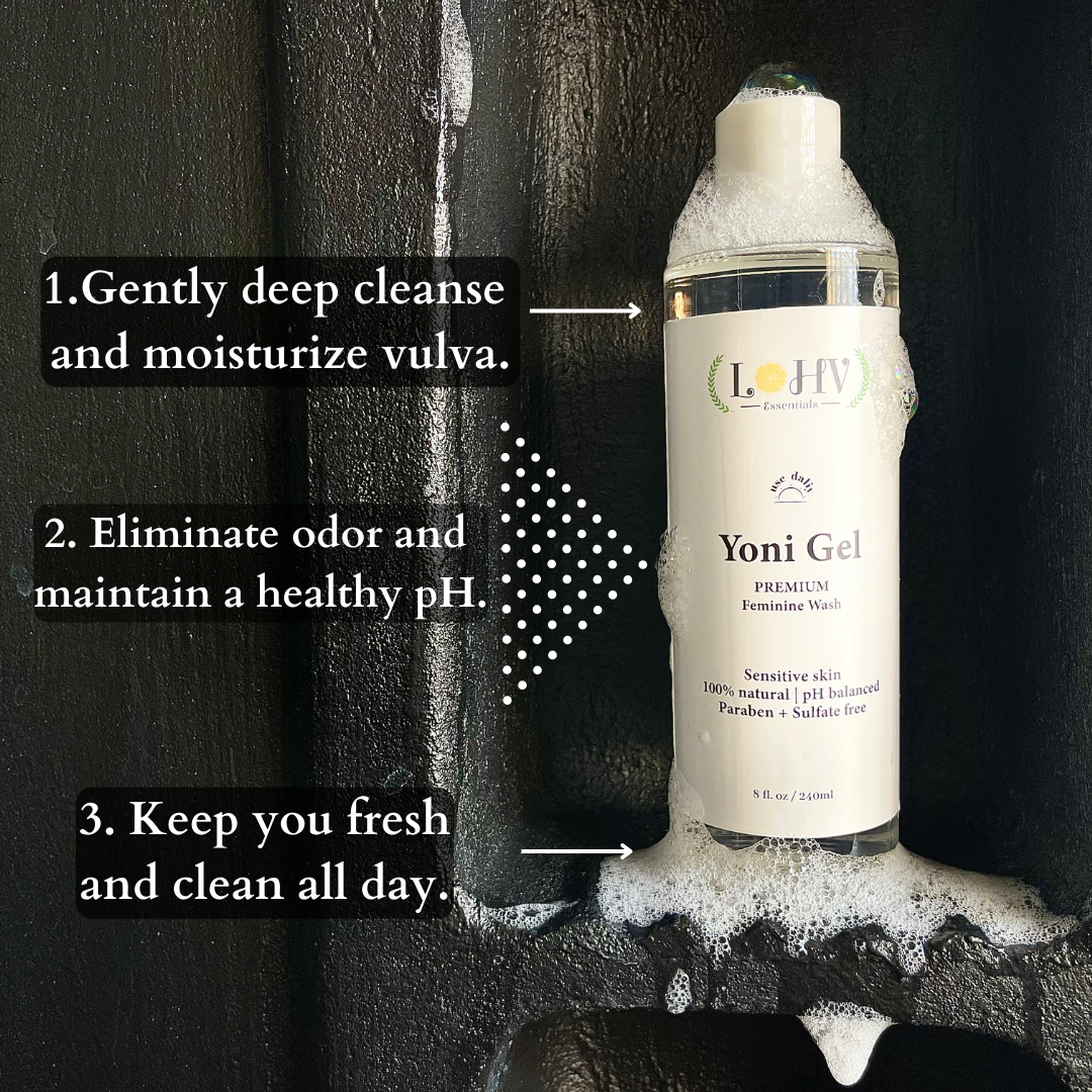 Gel íntimo LOHV YONI PREMIUM Herbal con pH equilibrado: elimina el mal olor, limpia la vulva y mantiene un pH saludable con aceite de palmiste, aceite de rosa y hoja de aloe vera.