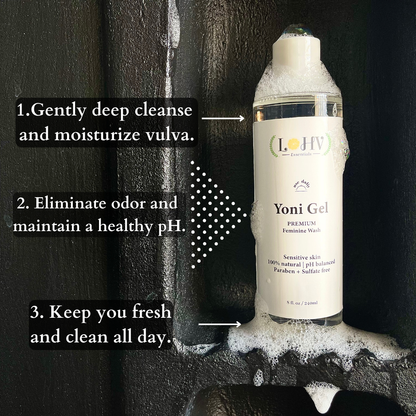 Gel íntimo LOHV YONI PREMIUM Herbal con pH equilibrado: elimina el mal olor, limpia la vulva y mantiene un pH saludable con aceite de palmiste, aceite de rosa y hoja de aloe vera.