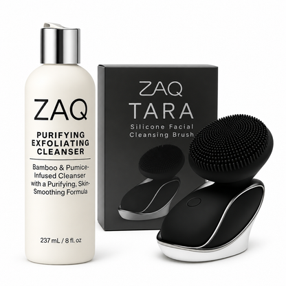 ZAQ Cleanse & Smooth Duo – TARA Facial Cleansing Brush + Purifying Exfoliating Cleanser