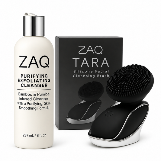 ZAQ Cleanse & Smooth Duo – TARA Facial Cleansing Brush + Purifying Exfoliating Cleanser