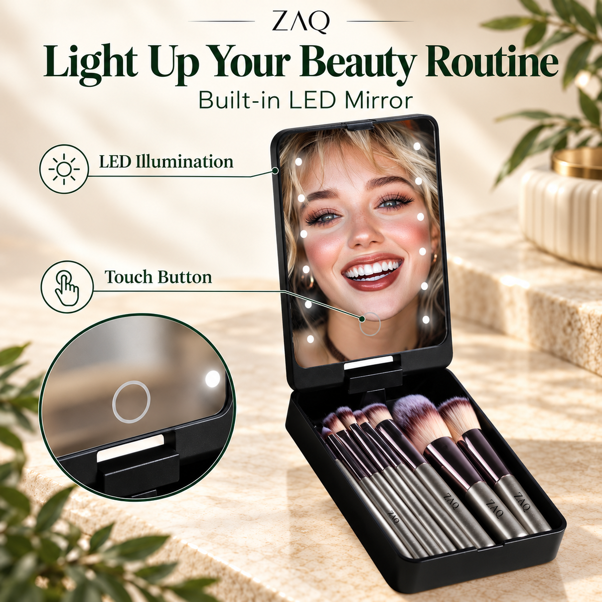 ZAQ 14-Piece Mini Makeup Brush Set with LED Light Mirror