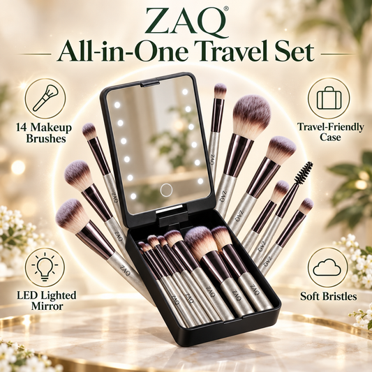ZAQ 14-Piece Mini Makeup Brush Set with LED Light Mirror