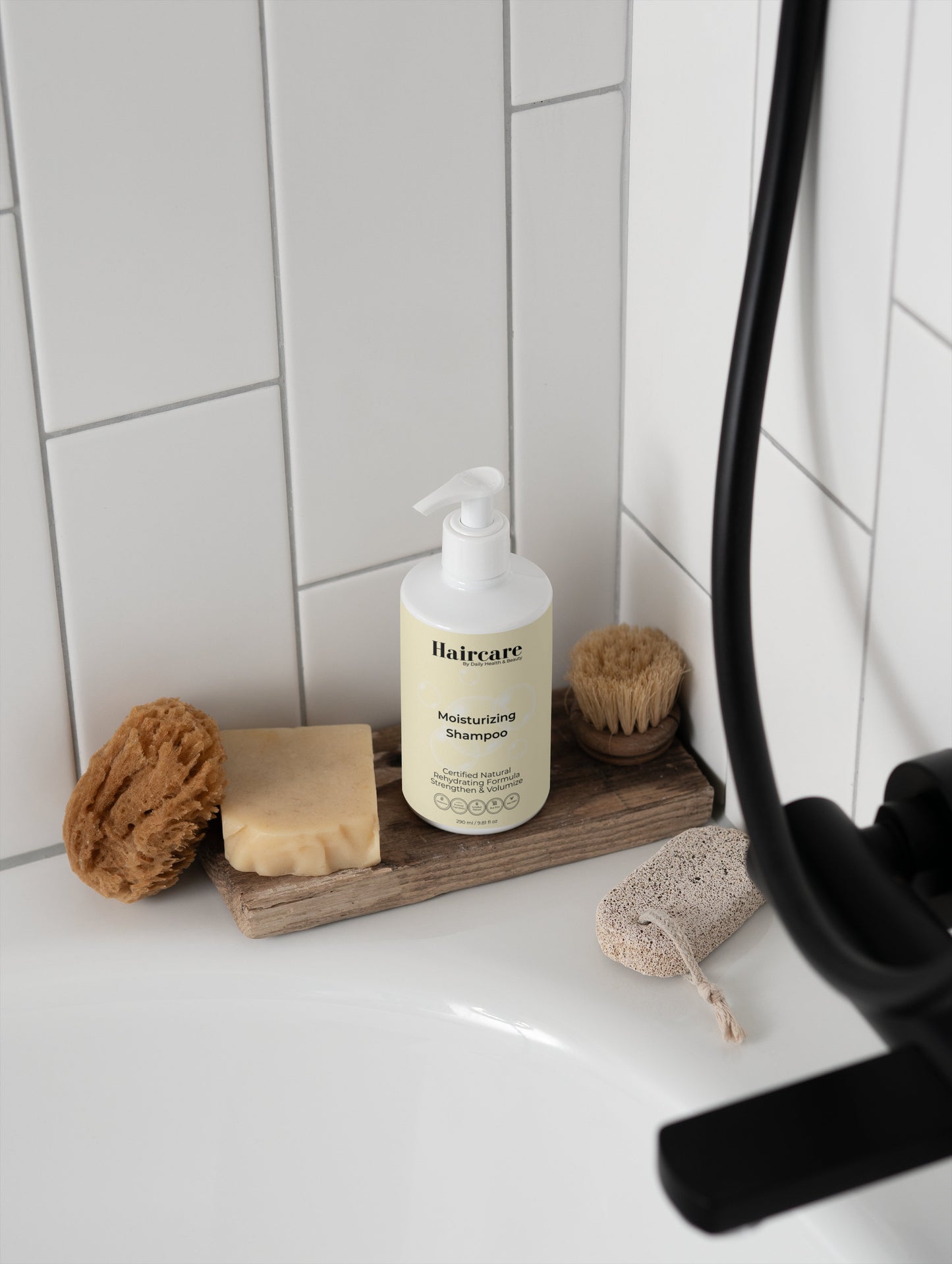 Moisturising Shampoo in bathroom — juicy fruits & warm woods scent, gentle daily shampoo for dehydrated scalp