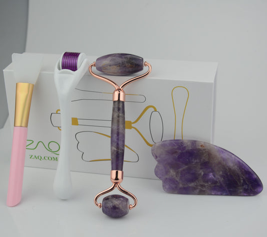 ZAQ Amethyst Facial Roller, Gua Sha, Brush and DERMA ROLLER Set