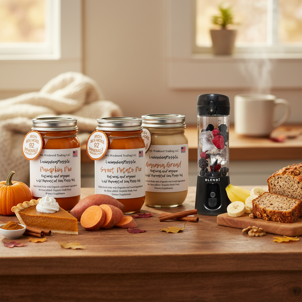 Organic Harvest Bakery Sea Moss Gel Bundle with BLENDi Pro+ Portable Blender on an autumn kitchen counter — Pumpkin Pie Sweet Potato Pie Banana Bread Sea Moss Gel — Daily Health & Beauty