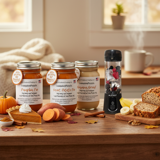 Organic Harvest Bakery Sea Moss Gel Bundle with BLENDi Pro+ Portable Blender on an autumn kitchen counter — Pumpkin Pie Sweet Potato Pie Banana Bread Sea Moss Gel — Daily Health & Beauty