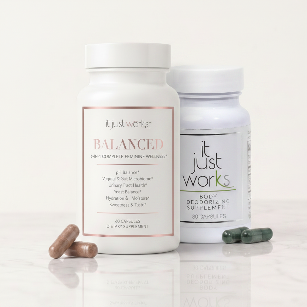 Image 3: Balanced 6-in-1 and Fresh Body Deodorizing Supplement bottles hero shot — complete internal wellness bundle by It Just Works
