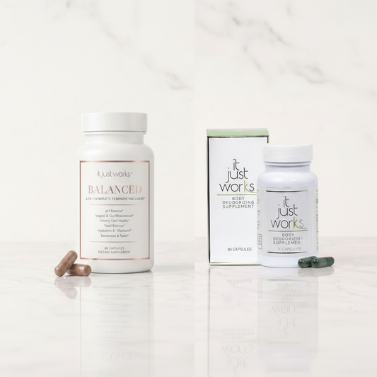 Image 1: Balanced 6-in-1 Feminine Wellness and It Just Works Body Deodorizing Supplement bundle — both bottles side by side on marble