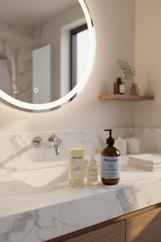 Rosemary Hair & Scalp Strengthening Oil and Mens 2-In-1 Hair & Body Wash haircare bundle arranged on a marble bathroom counter — natural men's scalp nourishment and cleansing set by Daily Health & Beauty