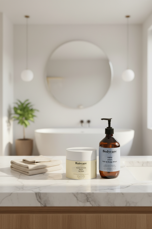 Keratin Intensive Rescue Hair Mask and Mens 2-In-1 Hair & Body Wash bundle on a marble bathroom counter — men's deep conditioning and daily cleansing set by Daily Health & Beauty