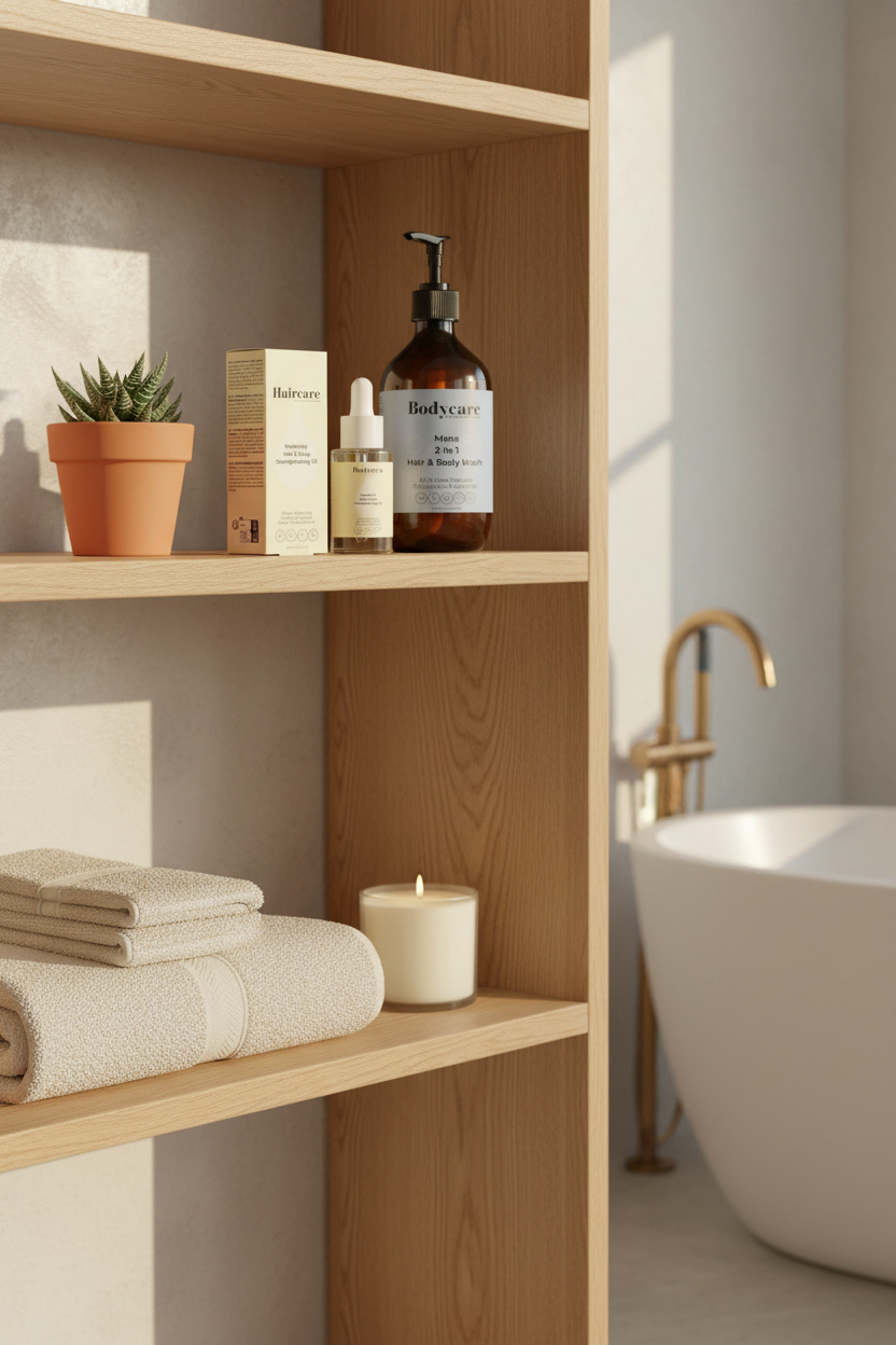 Rosemary Hair & Scalp Oil and Mens 2-In-1 Hair & Body Wash displayed on a shower niche shelf — men's daily hair and scalp care routine bundle, natural botanical formula by Daily Health & Beauty
