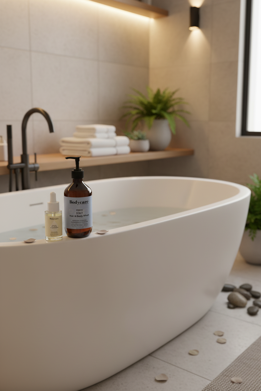 Rosemary scalp strengthening oil and mens 2-in-1 hair and body wash placed on the edge of a freestanding bathtub — men's natural haircare and body care bundle by Daily Health & Beauty