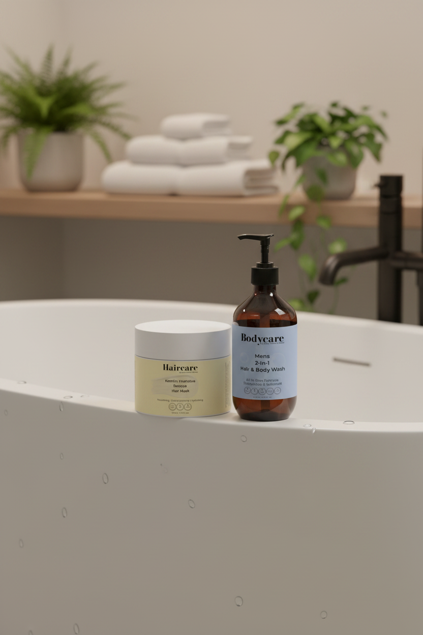 Keratin Hair Mask and Mens 2-In-1 Hair & Body Wash resting on the edge of a freestanding bathtub — men's keratin hair treatment and body care bundle by Daily Health & Beauty