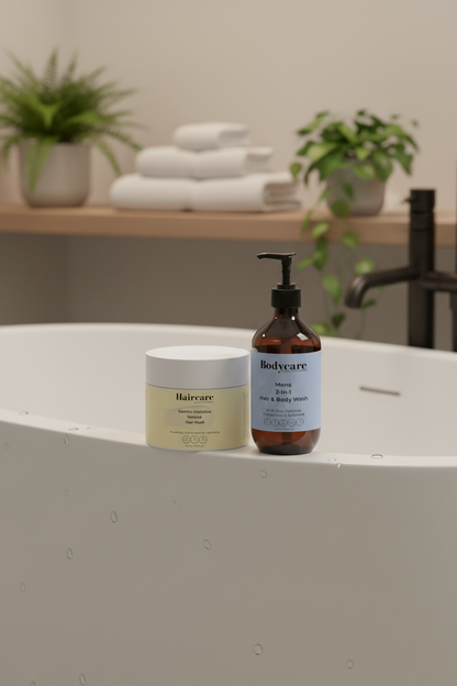Keratin Hair Mask and Mens 2-In-1 Hair & Body Wash resting on the edge of a freestanding bathtub — men's keratin hair treatment and body care bundle by Daily Health & Beauty