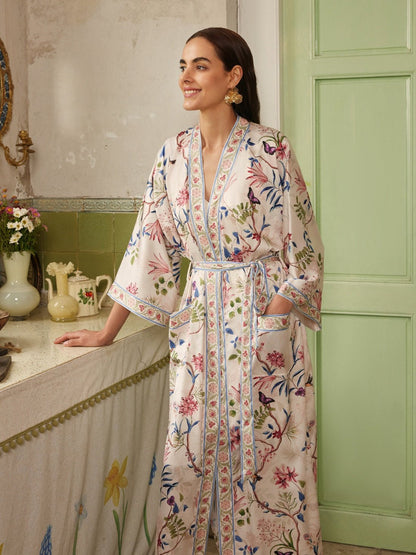 Beige Chinoiserie Floral Long Kimono Robe with Pockets | Daily Health & Beauty