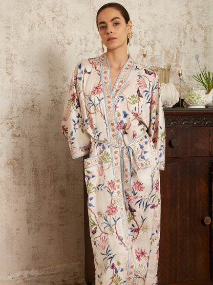 Beige Chinoiserie Floral Long Kimono Robe with Pockets | Daily Health & Beauty