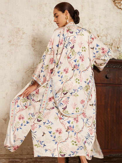 Beige Chinoiserie Floral Long Kimono Robe with Pockets | Daily Health & Beauty