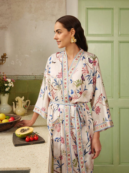 Beige Chinoiserie Floral Long Kimono Robe with Pockets | Daily Health & Beauty