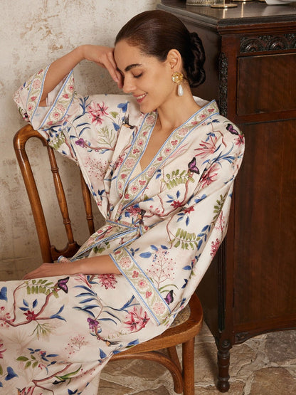 Beige Chinoiserie Floral Long Kimono Robe with Pockets | Daily Health & Beauty