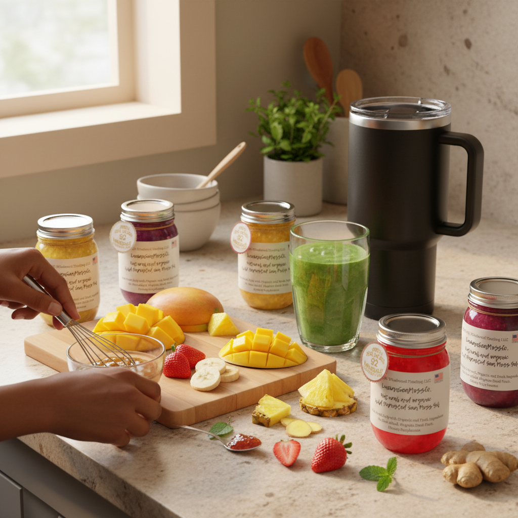 Black BLENDi Steel insulated tumbler on a kitchen counter with fresh fruit prep and individual sea moss gel jars — Ultimate Sea Moss Wellness Bundle