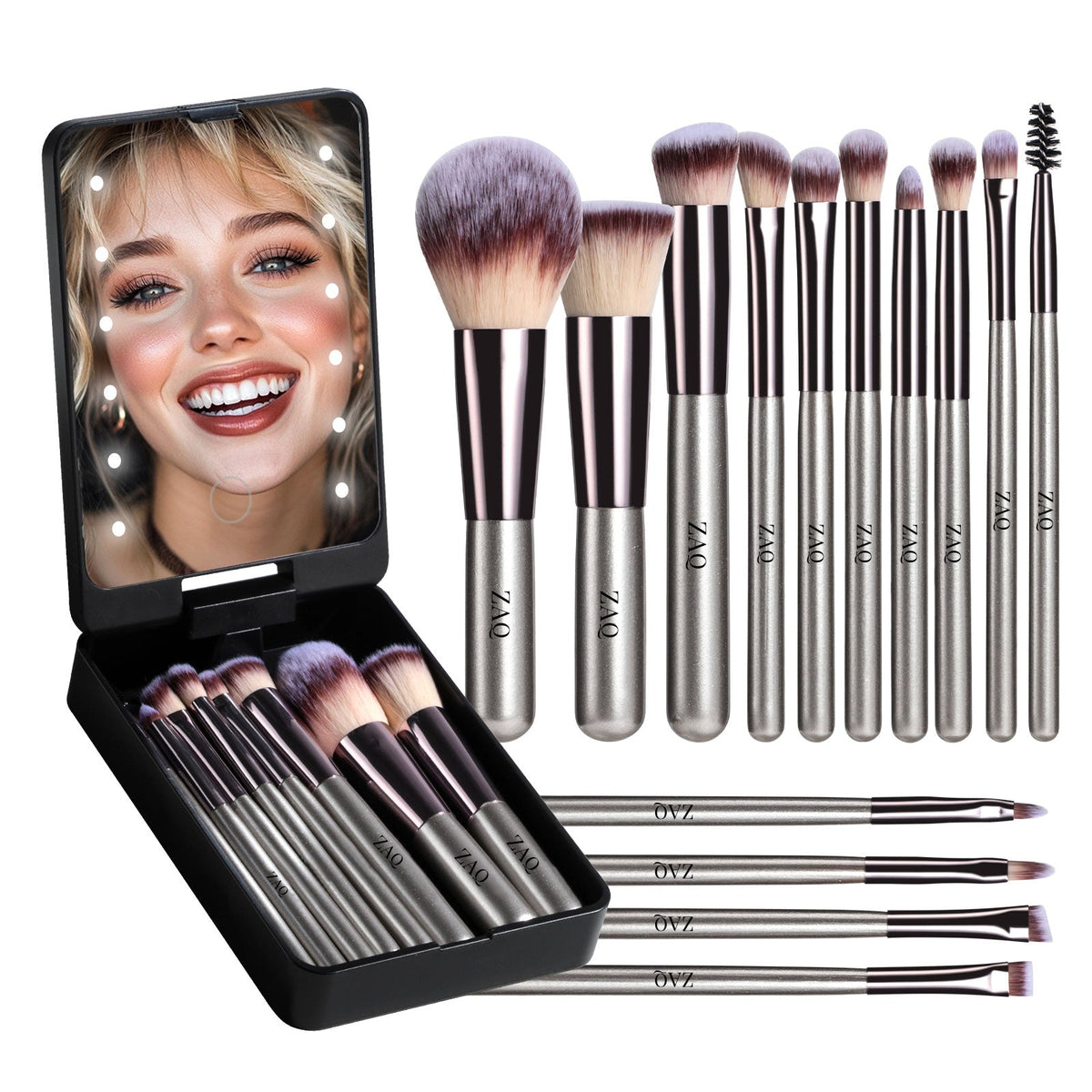ZAQ 14-Piece Mini Makeup Brush Set with LED Light Mirror