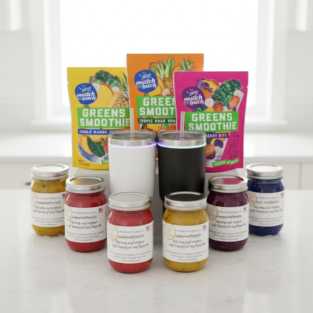 Ultimate Sea Moss Wellness Bundle — BLENDi Steel Blender, Switchback Foods smoothie packs, and individual sea moss gel jars on kitchen counter