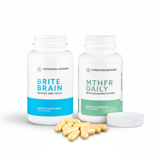 Brite Brain and MTHFR Daily Brain and Mood Stack bundle — two Physician Designed supplement bottles side by side on white background — cognitive support and methylation stack
