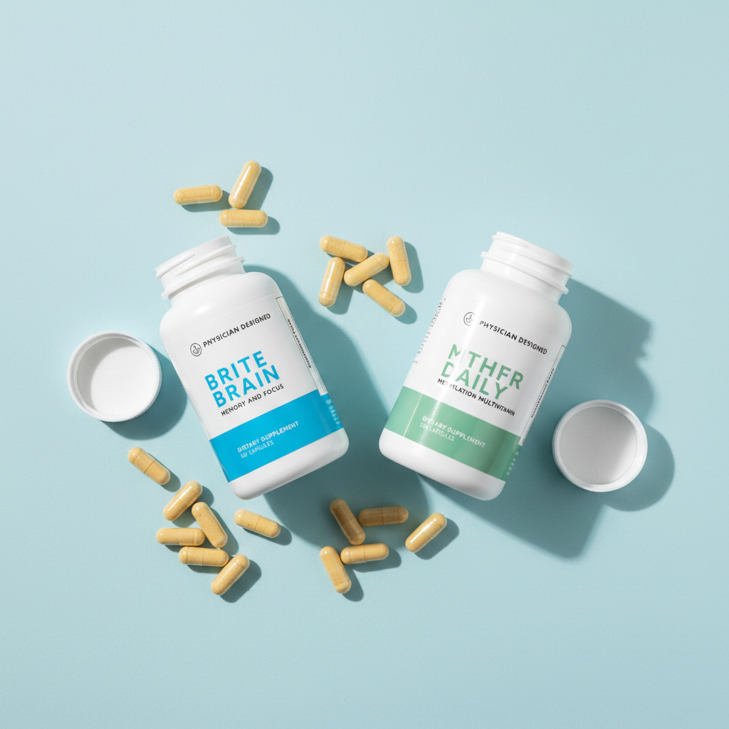 Brite Brain and MTHFR Daily Brain and Mood Stack flat lay — two supplement bottles with yellow capsules on light blue background — Physician Designed focus and methylation bundle