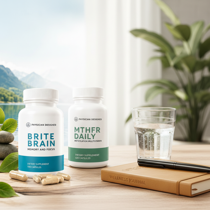 Brite Brain and MTHFR Daily Brain and Mood Stack lifestyle photo — two Physician Designed supplement bottles on desk with notebook and water glass — daily brain health and methylation support