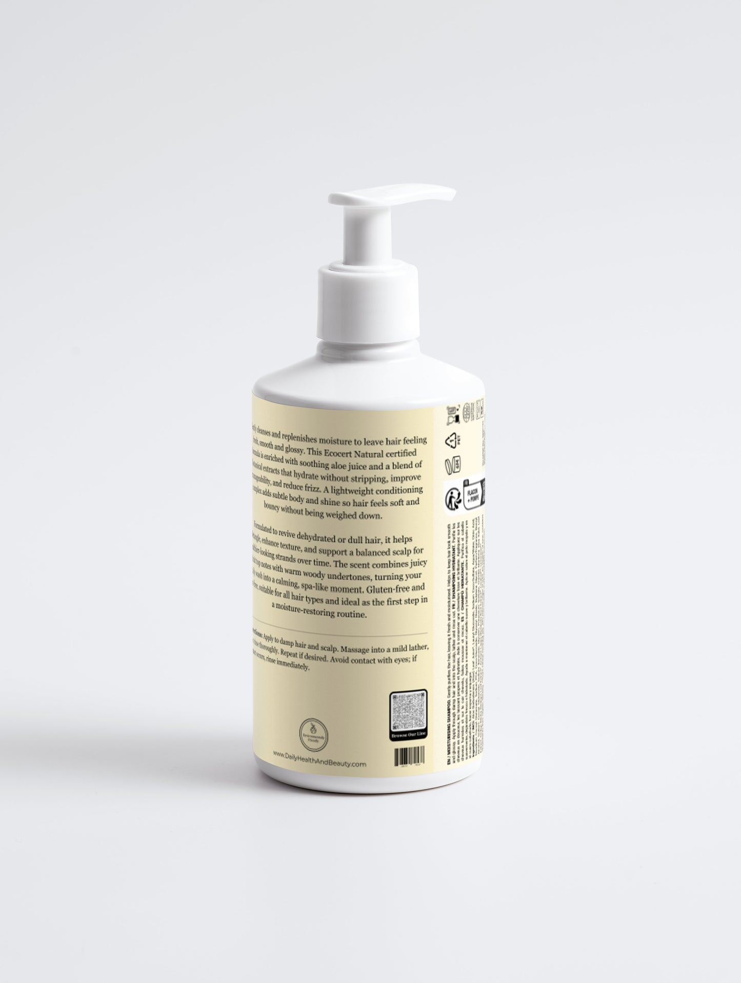 Moisturising Shampoo ingredients label — organic aloe, ginkgo biloba, burdock root, honey moisture complex