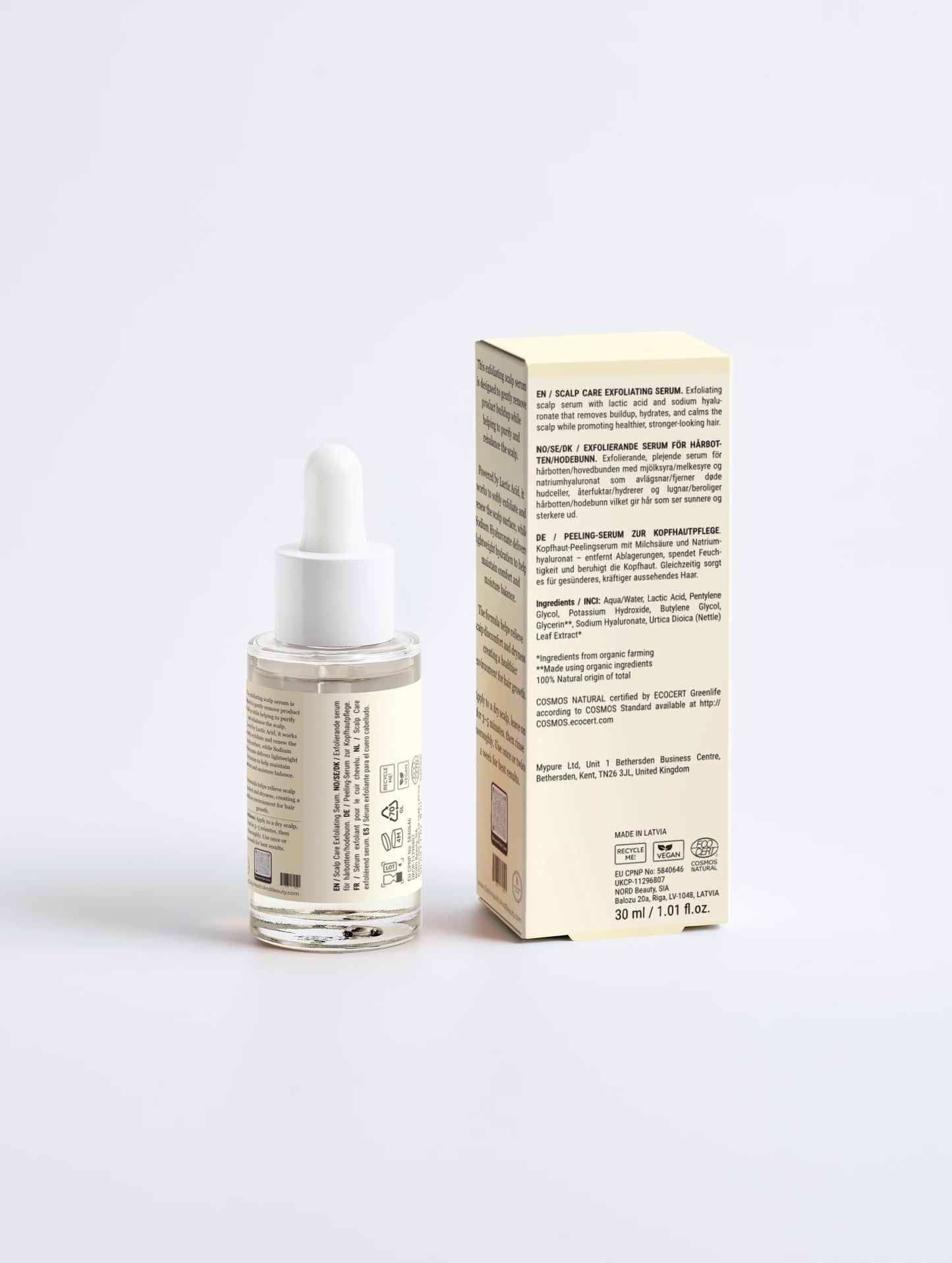 Scalp Care Exfoliating Serum front label — Vegan, Gluten-Free, Nut-Free, 100% Natural Origin