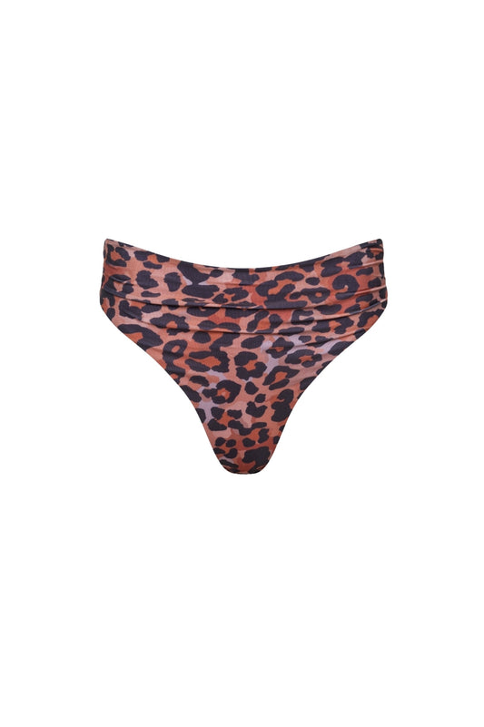 Capri Ruched High Waist Thong Bikini Bottom Leopard