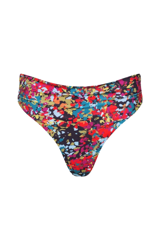Capri Ruched High Waist Thong Bikini Bottom Red Confetti