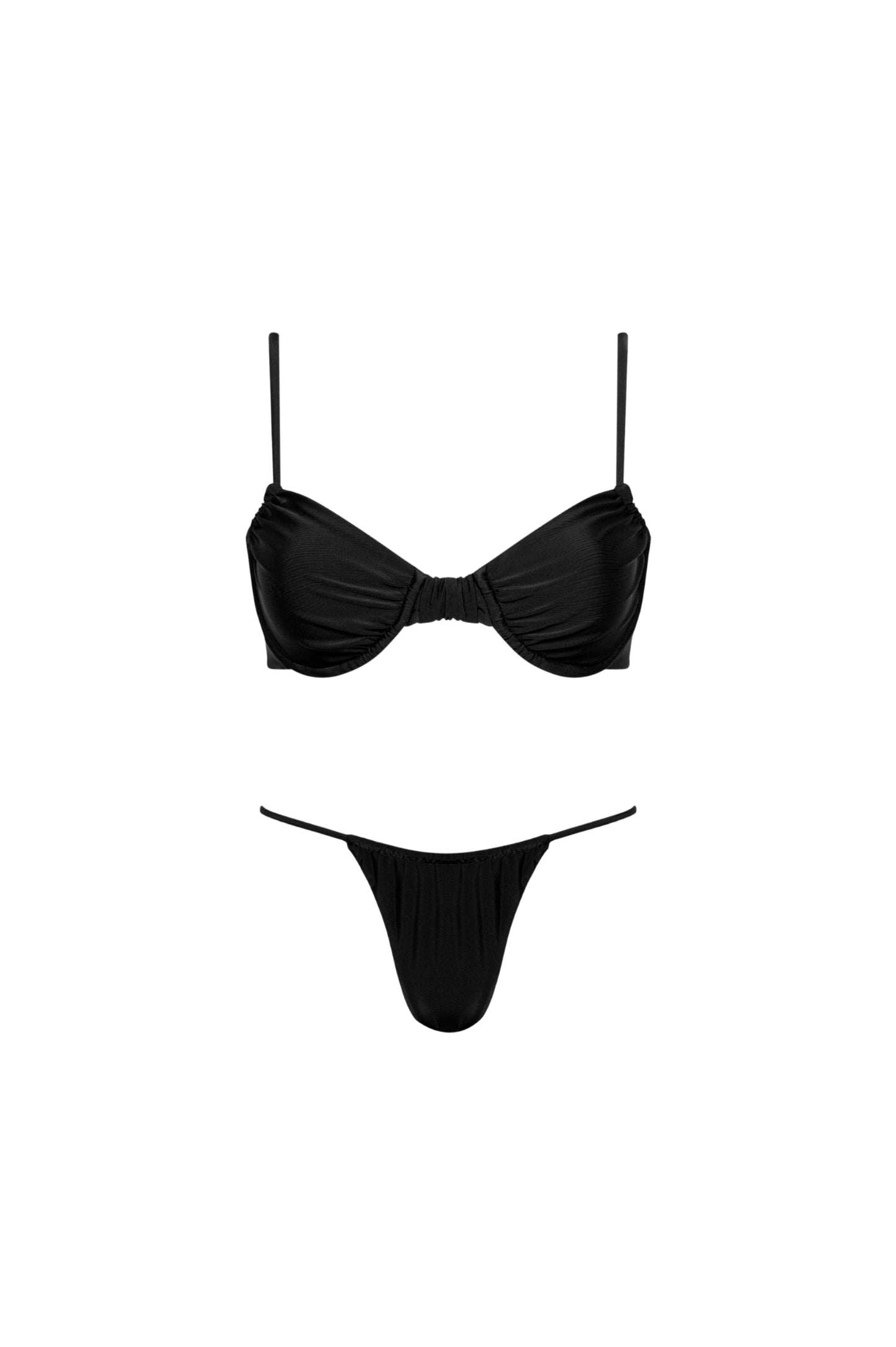 Capri Ruched Underwire String Bikini Set – Black