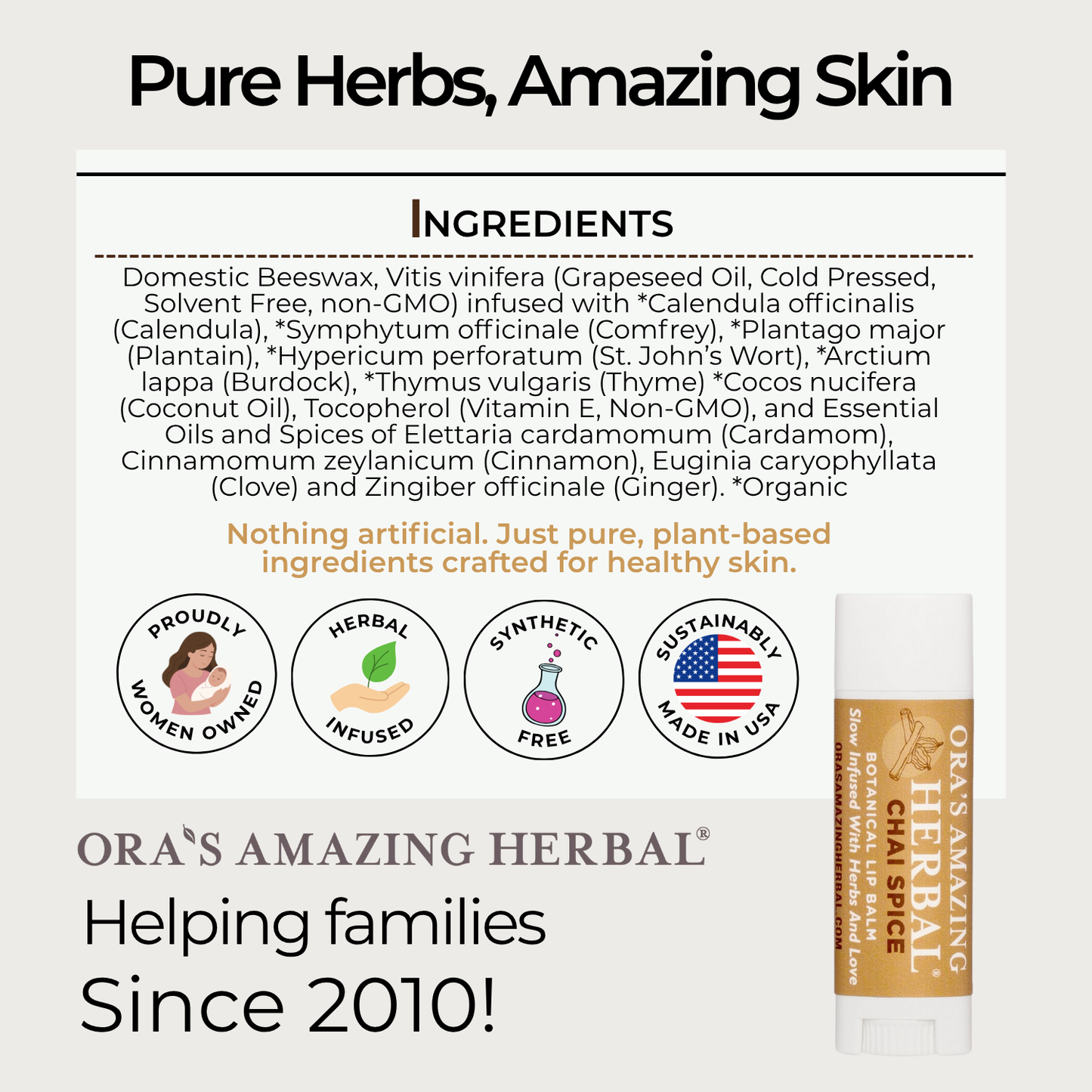 Natural Lip Balm, Herbal Infused, Chai Spice