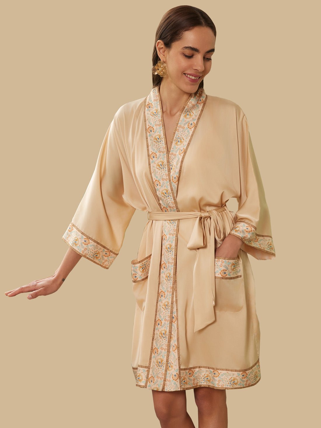 Champagne Gold Embellished Flower Short Robe with Pockets | Daily Health & Beauty