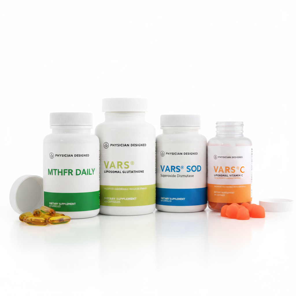 Complete Physician Designed Wellness Stack angled bundle shot — MTHFR Daily Methylation Multivitamin, VARS Liposomal Glutathione, VARS SOD Superoxide Dismutase and VARS Liposomal Vitamin C Gummies — full methylation and antioxidant cycle