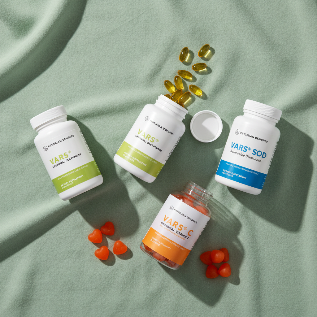 Complete Physician Designed Wellness Stack flat lay — MTHFR Daily, VARS Glutathione, VARS SOD and VARS Vitamin C Gummies supplement bottles with capsules and orange gummies on sage green background