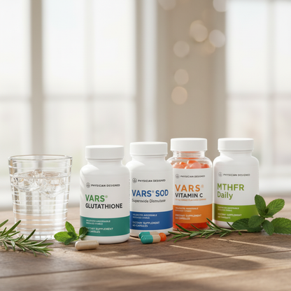 Complete Physician Designed Wellness Stack lifestyle photo — MTHFR Daily, VARS Glutathione, VARS SOD and VARS Vitamin C Gummies on wooden surface with water glass and greenery — complete daily wellness foundation