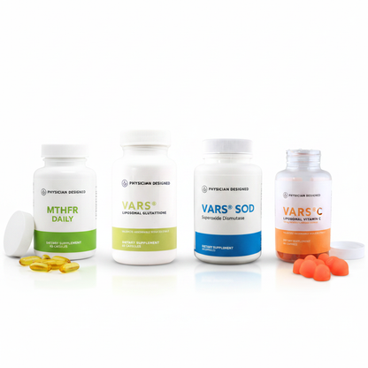 Complete Physician Designed Wellness Stack — MTHFR Daily, VARS Liposomal Glutathione, VARS SOD and VARS Liposomal Vitamin C Gummies — four bottles on white background — complete methylation and antioxidant cycle bundle