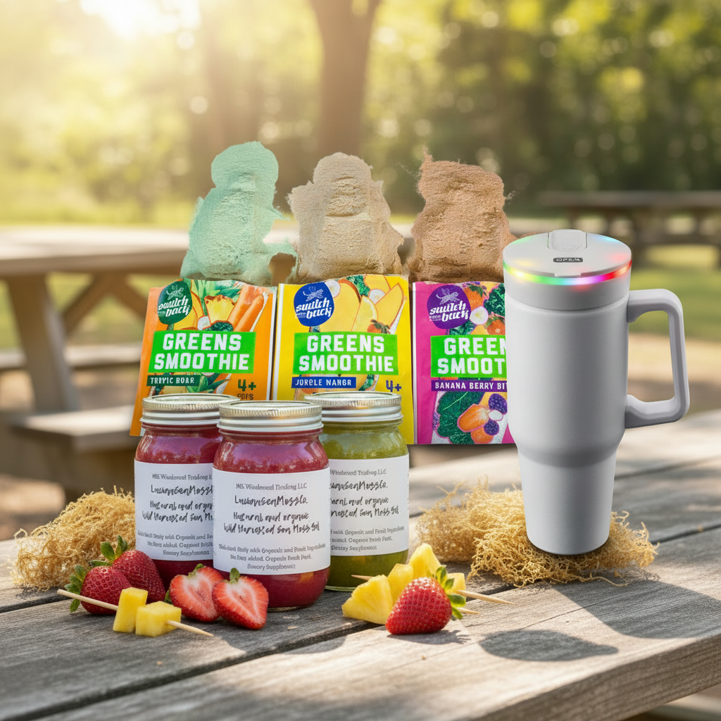 Ultimate Sea Moss Wellness Bundle — BLENDi Steel Blender, Switchback Foods Greens Smoothie packets, and individual sea moss gel jars