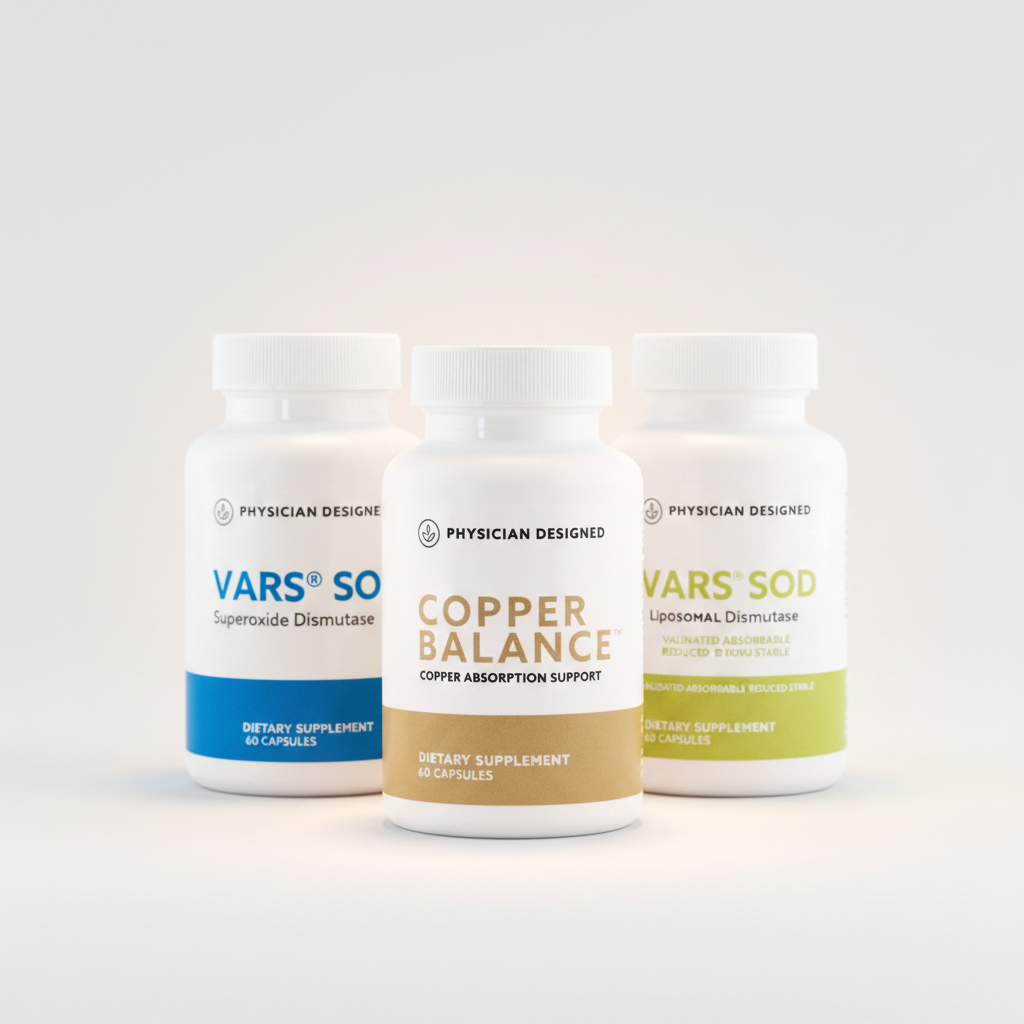 Copper Balance, VARS Glutathione and VARS SOD Cellular Defense Stack angled bundle shot — Copper Balance, VARS Liposomal Glutathione and VARS SOD Superoxide Dismutase by Physician Designed — SOD2 cofactor and antioxidant defense stack