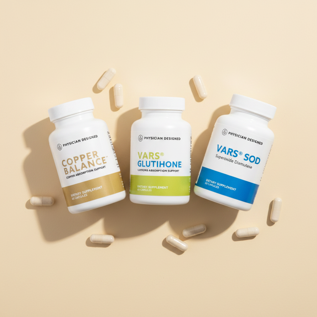Copper Balance, VARS Glutathione and VARS SOD Cellular Defense Stack flat lay — three supplement bottles with capsules on cream background — Physician Designed anti-inflammatory and cellular protection bundle
