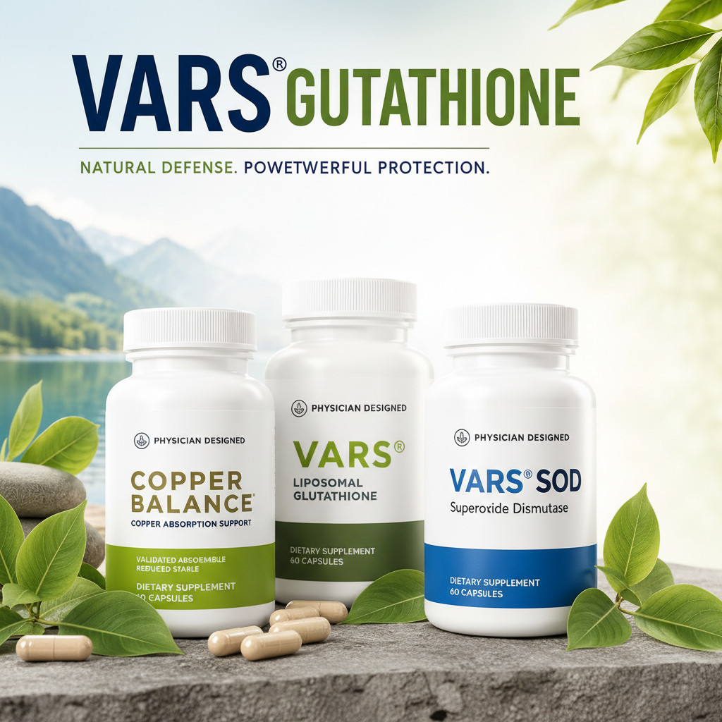 Copper Balance, VARS Glutathione and VARS SOD Cellular Defense Stack lifestyle photo — three Physician Designed supplement bottles on stone surface with green leaves — cellular defense and oxidative stress support